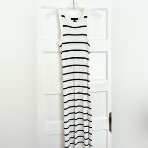 Banana Republic Rib Knit White Midi Dress with Navy Stripes & Side Slit